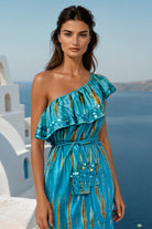 Turquoise silk lined maxi dress to wear on holiday by Lindsey Brown resort wear 