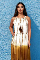 white and tan silk maxi dresses called Santorini to wear on warm holidays