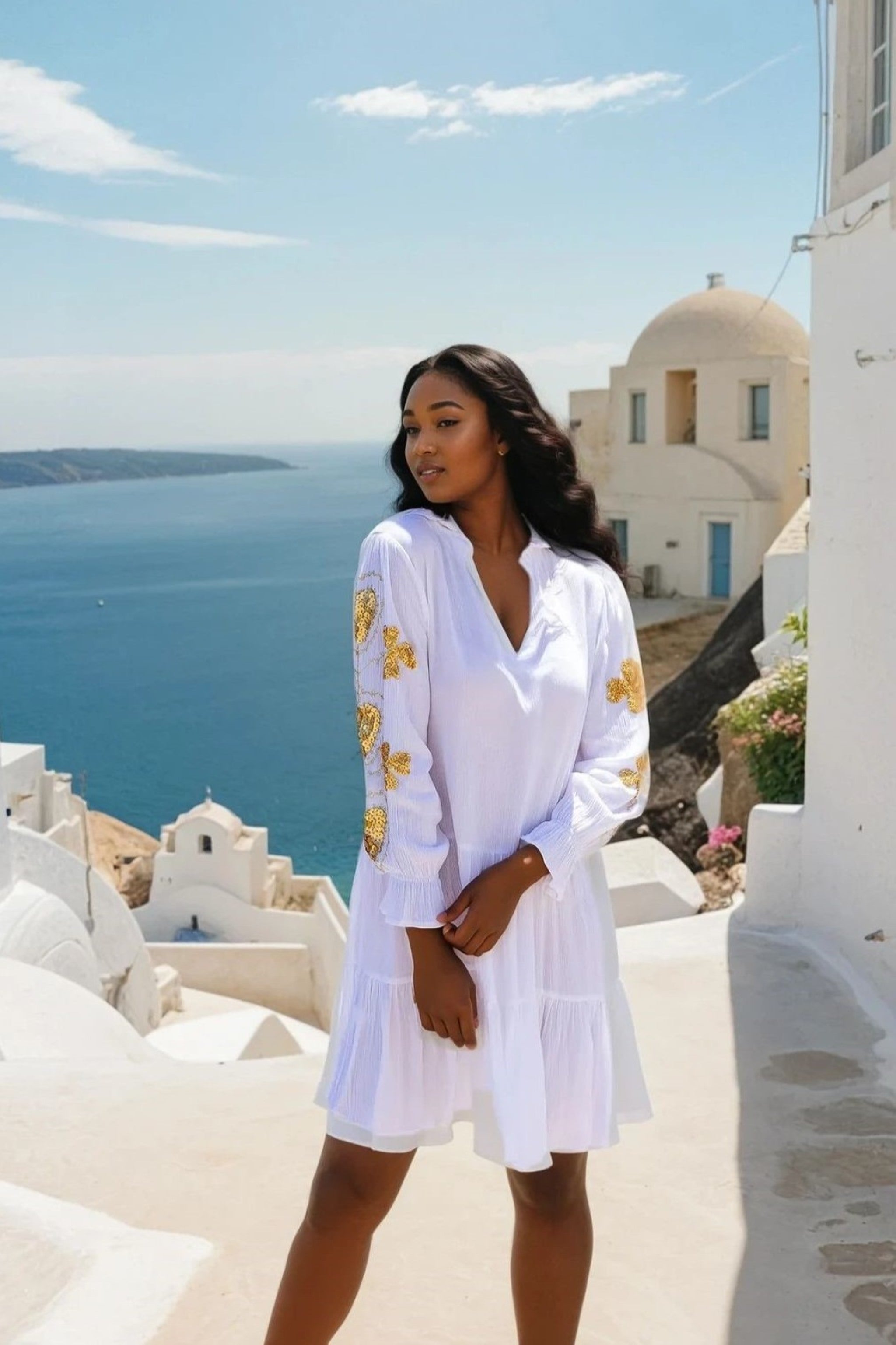 white gold cotton dresses  long sleeves to wear in summer and on holiday by Lindsey Brown 
