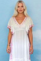White pink cotton maxi dresses by Lindsey Brown resort wear 