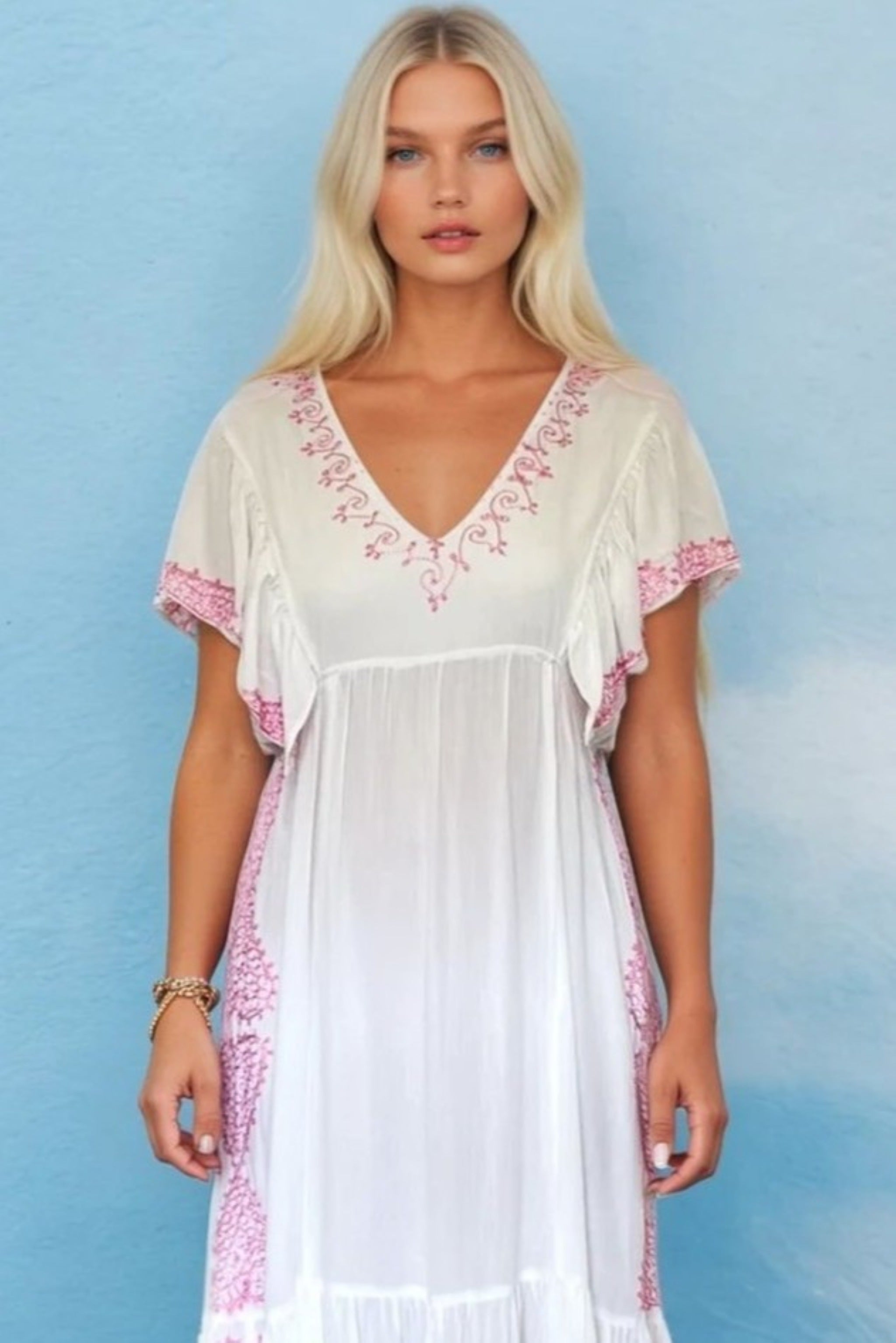 White pink cotton maxi dresses by Lindsey Brown resort wear 