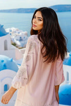 White and silver cotton kaftan dress to wear on holiday by Lindsey Brown resort wear 