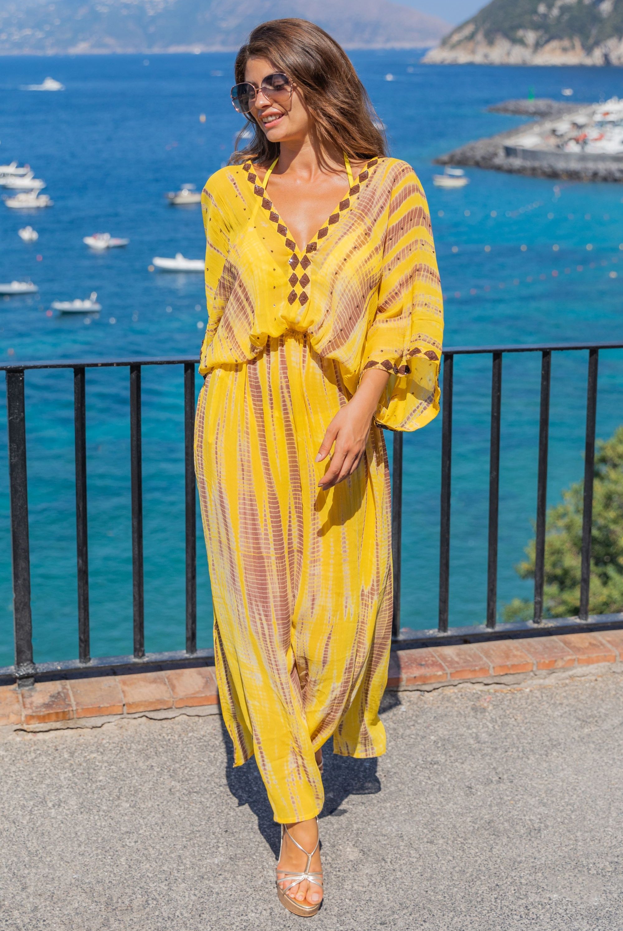 Yellow Silk Maxi Kaftans, luxury silk maxi kaftan dresses to wear on holiday by Lindsey Brown Resort wear 