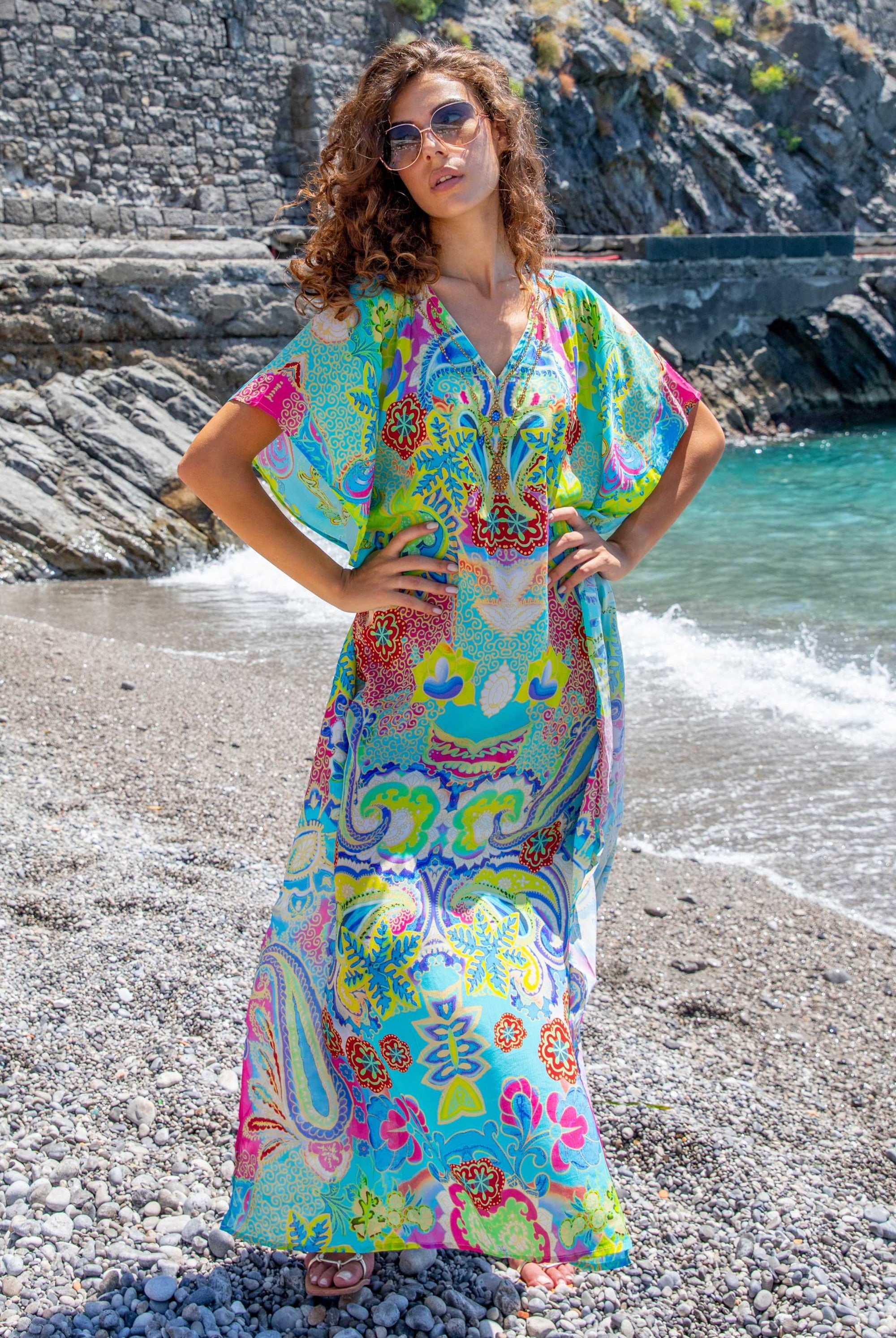 Yellow turquoise silk maxi kaftans to wear on holiday by Lindsey Brown luxury resort wear 