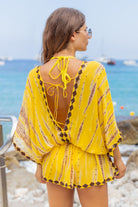 Yellow v back silk luxury resort wear silk kaftans to wear on holiday by Lindsey Brown