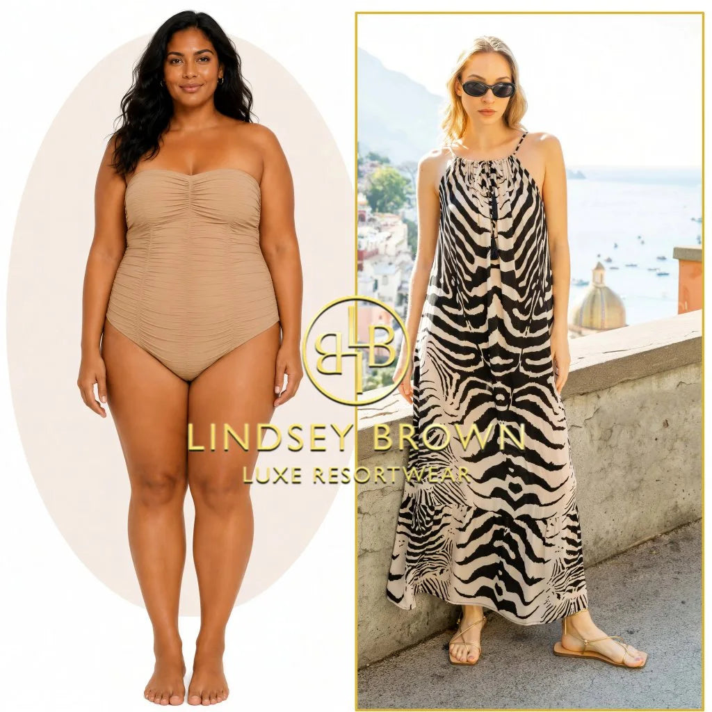 Choose our prints that are created as placement prints to mirror each side so the eye is drawn away from the curvy apple shaped body. 