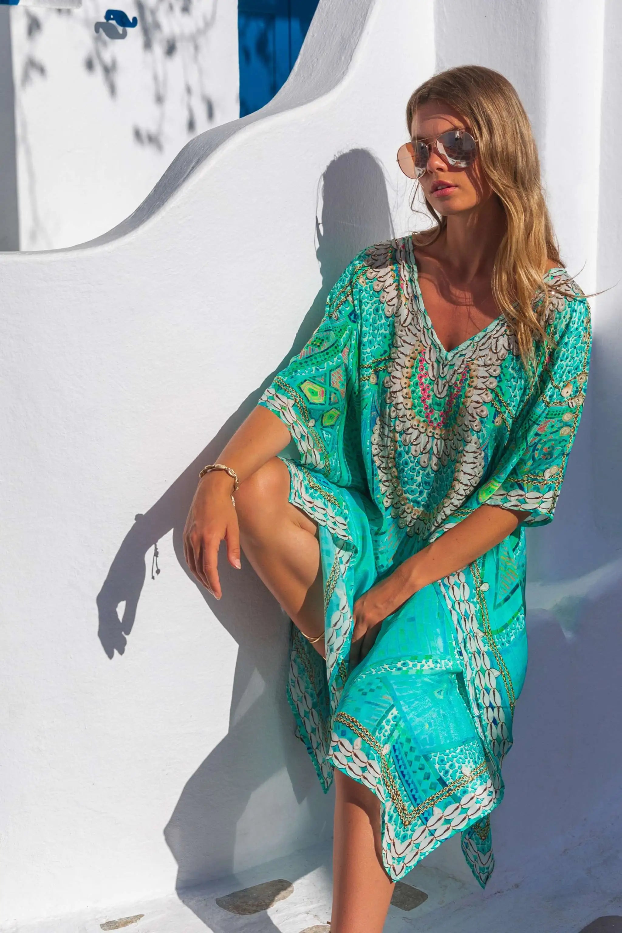 aqua silk printed designer beach cover ups