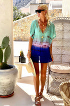 aqua ombre bloused silk kaftan dress to wear on a luxury holiday by lindsey brown resort wear 