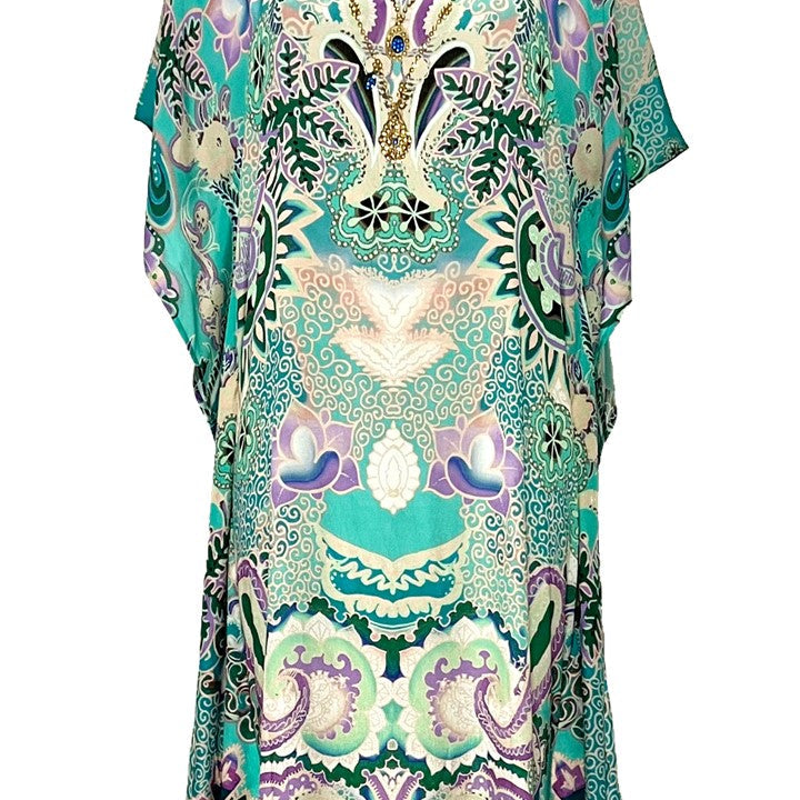 plus size Aqua printed sparkly silk designer beach kaftan called Dominica  is a beautiful silk  knee length designer beach cover up that’s perfect for winter sun Carribean cruises and holidays in the Maldives, and can be packed too on hot summer holidays