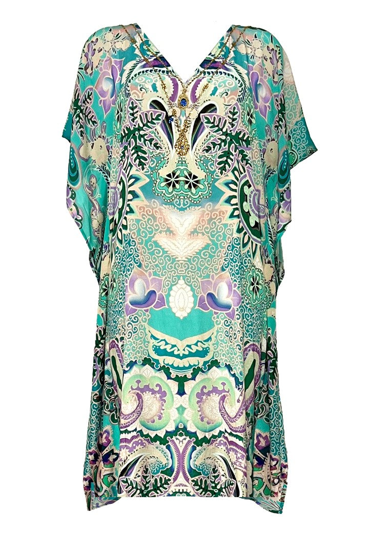 plus size Aqua printed sparkly silk designer beach kaftan called Dominica  is a beautiful silk  knee length designer beach cover up that’s perfect for winter sun Carribean cruises and holidays in the Maldives, and can be packed too on hot summer holidays