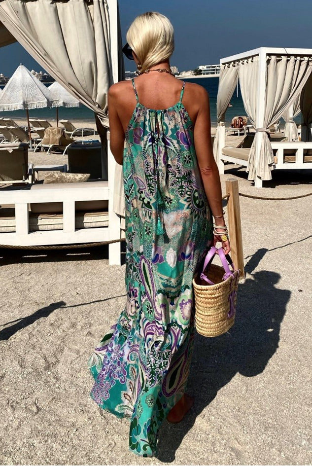 aqua silk patterned mxi dress sleveveless holiday dress by Lindsey Brown resort wear 