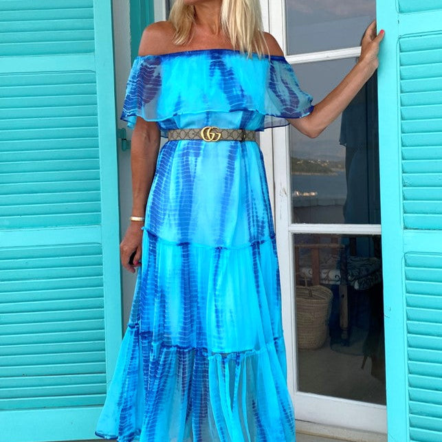 bardot off the shoulder turquoise blue silk dress to wear on holiday by lindsey brown resort wear 