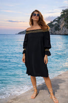black bardot off the shoulder beach dresses to wear on a caribbean cruise holiday by lindsey brown