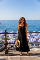 black cotton sleeveless beach dress to wear on holiday by Lindsey Brown cotton resort wear