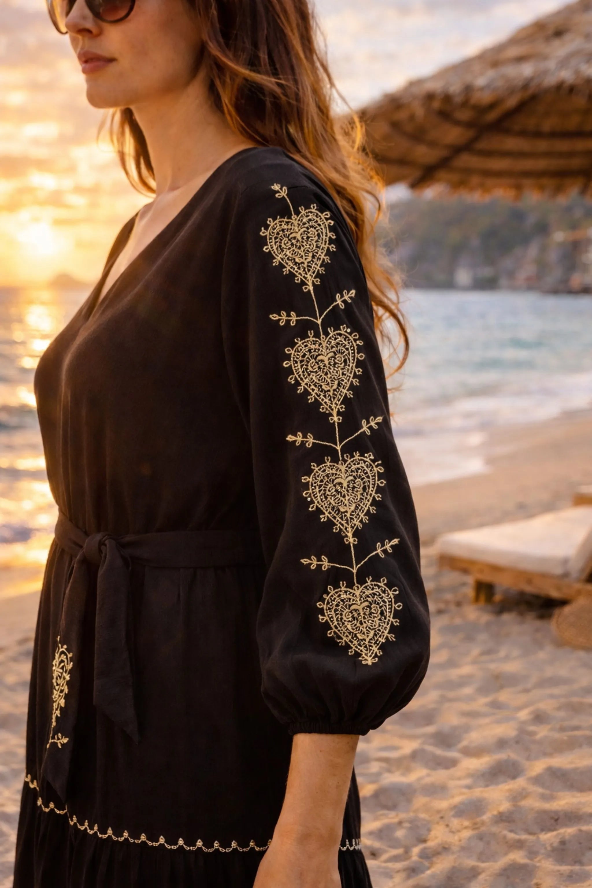 black and gold cotton long sleeved beach dress for warm summer holidays 