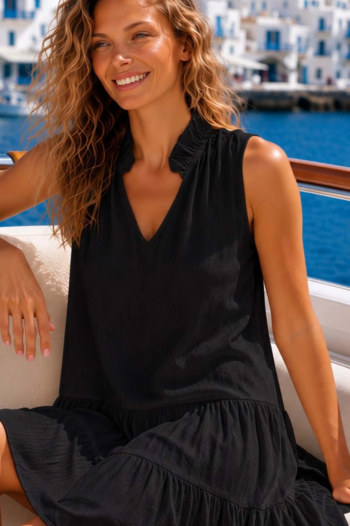 black knee length cotton sleeveless beach dress by Lindsey Brown resort wear 