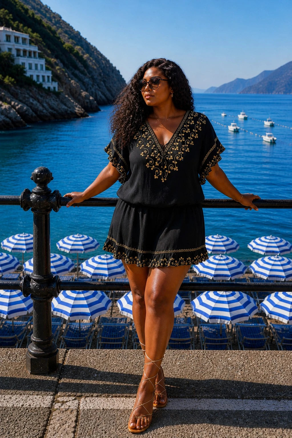 black gold short plus sized bloused beach dress to wear over swimwear on holiday by lindsey brown 