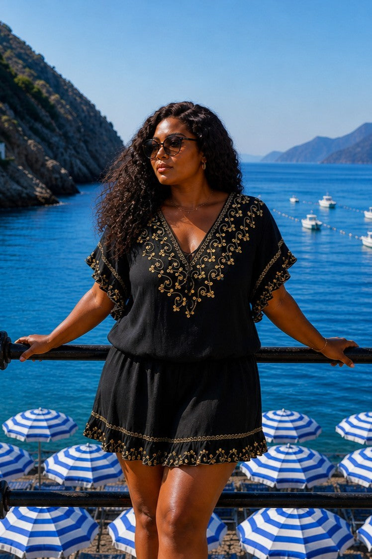 black plus size short designer beach dress with v neck by lindsey brown resort wear 
