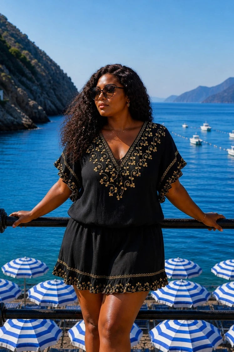 black and gold short bloused beach dress by lindsey brown resort wear 