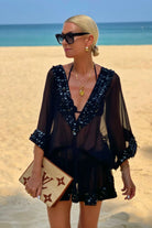 black short silk designer kaftan dress to wear over swimwear by lindsey brown