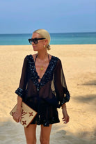 black short silk designer kaftan dress to seen on Anna Mavridis