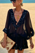 black short silk bloused elasticated kaftans to wear over swimwear 
