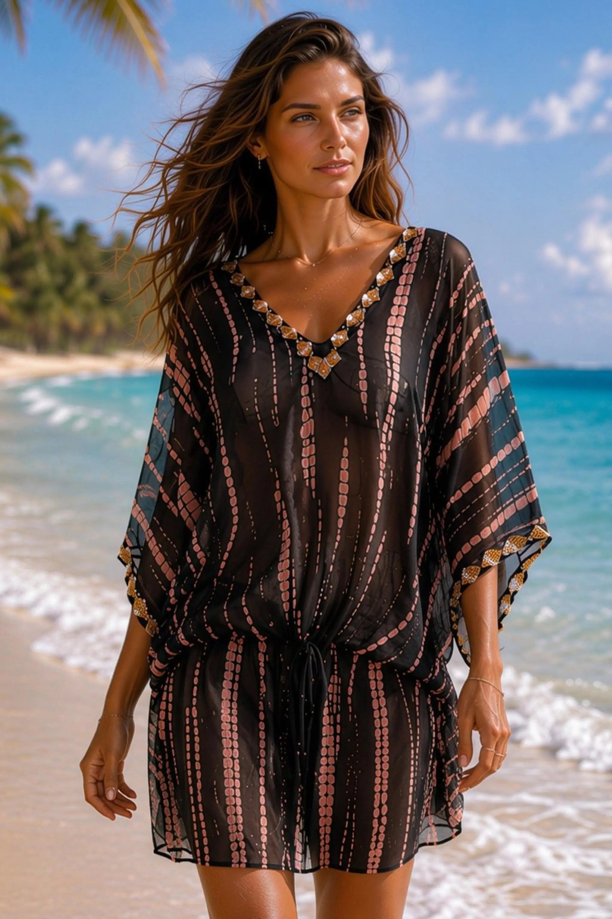 black silk drop waist kaftan by Lindsey Brown silk resort wear to wear on holiday