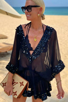black silk short kaftan dress to wear over swimwear for warm summer holidays 
