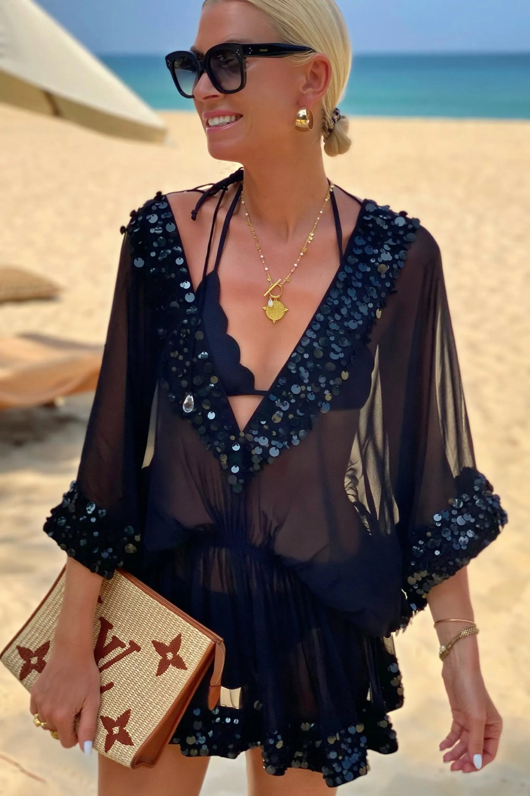 black silk short kaftan dress to wear over swimwear for warm summer holidays 
