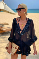 black short silk v neck luxury kaftan to wear to a pool party as seen on anna mavridis
