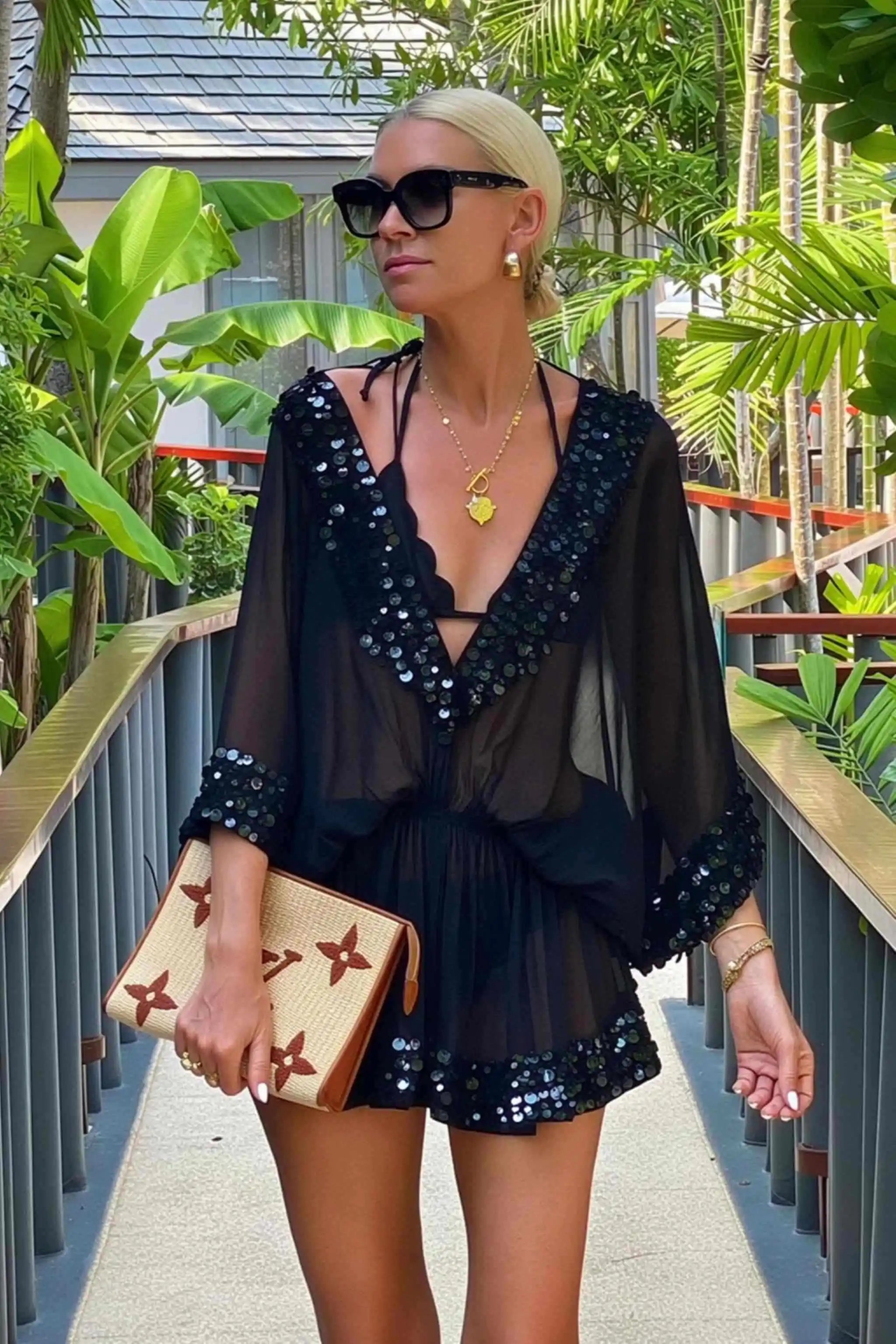 black short silk kaftan dress worn by Anna Mavridis