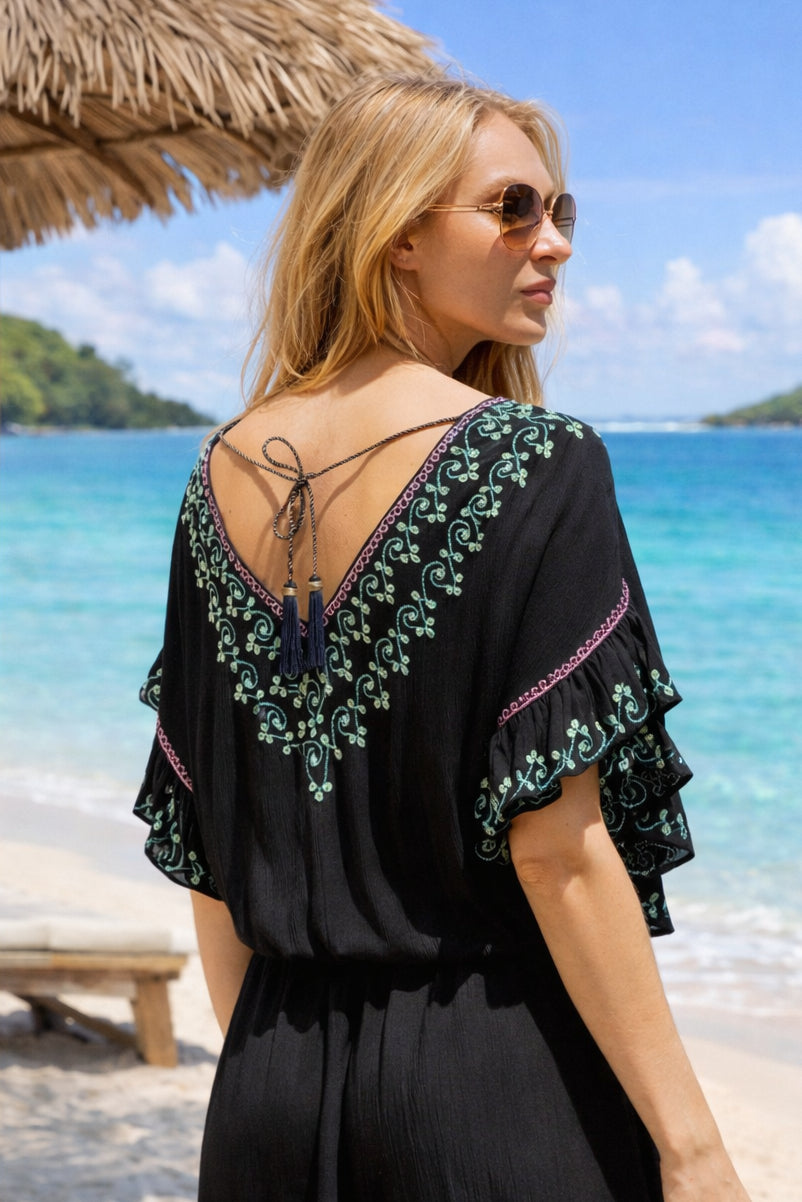 black low back cotton beach dress to wear on holiday by lindsey brown resort wear