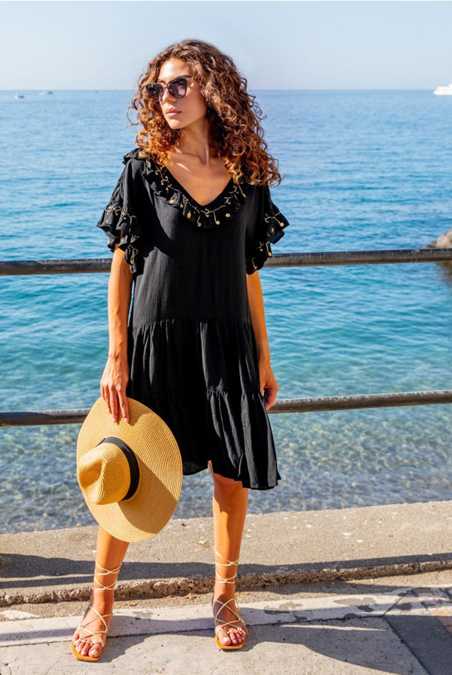 black cotton holiday dress by Lindsey Brown resort wear 