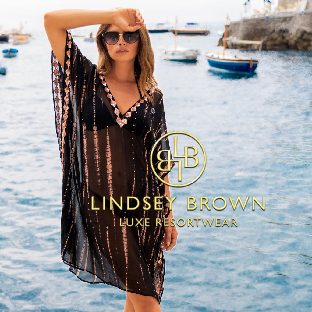 black loose floaty silk kaftans by Lindsey Brown resort wear 