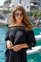 Black off the shoulder three quarter sleeve holiday top by Lindsey Brown resort wear 