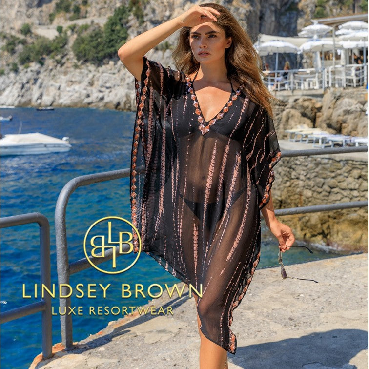 black loose floaty flattering designer kaftans by Lindsey Brown luxury resort wear 