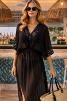 black silk maxi kaftan dress to wear on a luxury cruise holidays