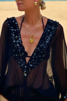 black v neck silk resort wear with black sequins to wear over swimwear to a pool party