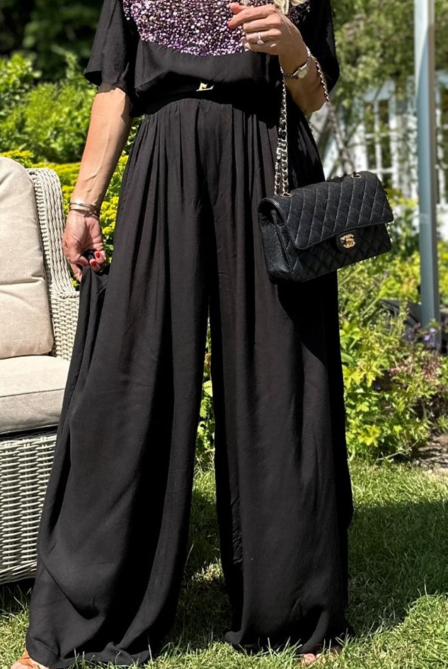 black wide leg soft cotton holiday trousers by Lindsey Brown resort wear