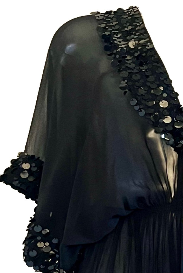 black short silk designer kaftans by lindsey brown luxury resort wear with flat sequins