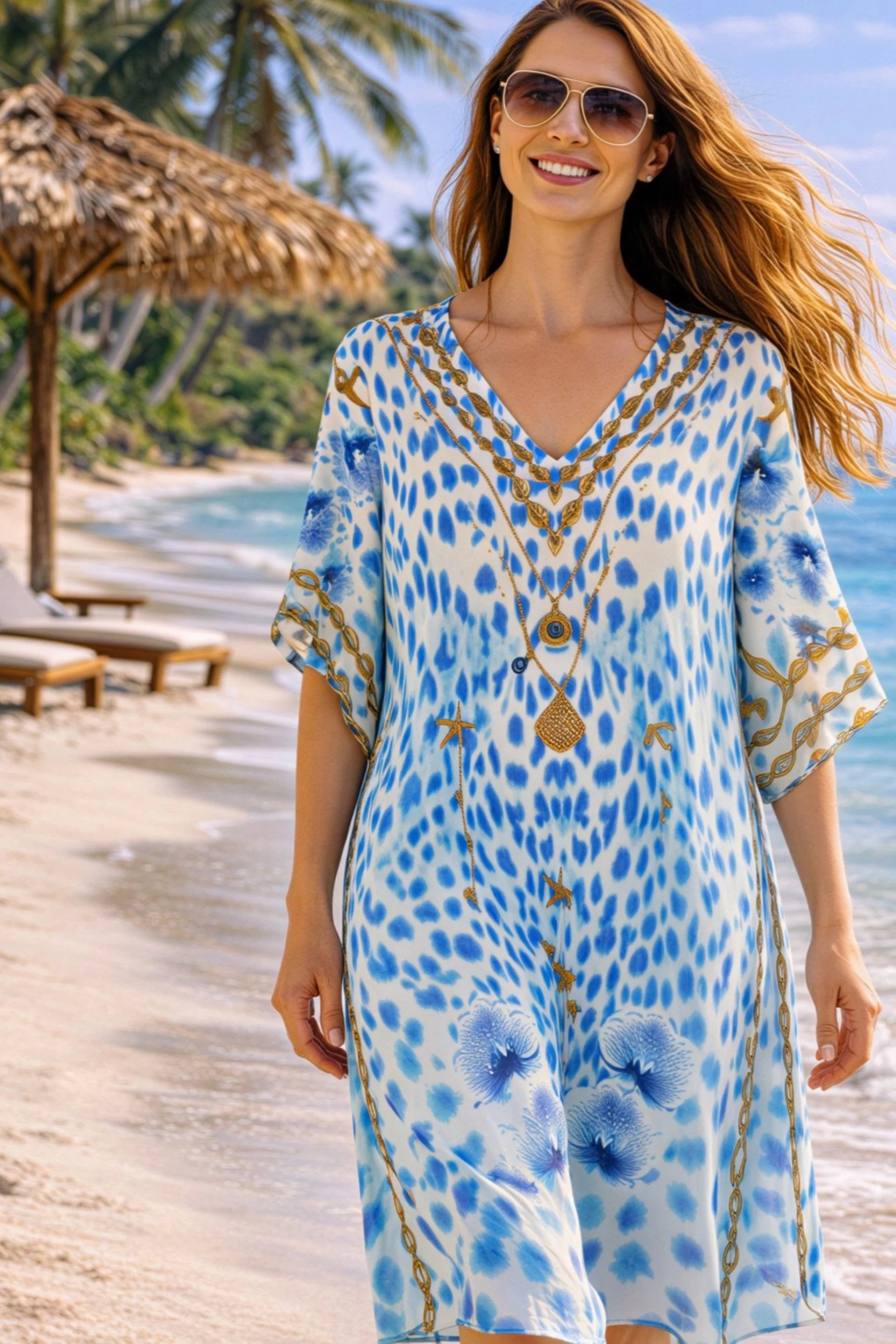 blue animal printed silk crepe beach coverups to wear on holiday