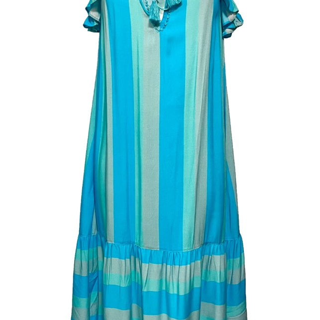 <strong data-mce-fragment="1">Sleeveless blue striped sun dress </strong>named Dominica in lovely soft stripe rayon by Lindsey Brown is such a great designer sun dress to wear on holiday. 
