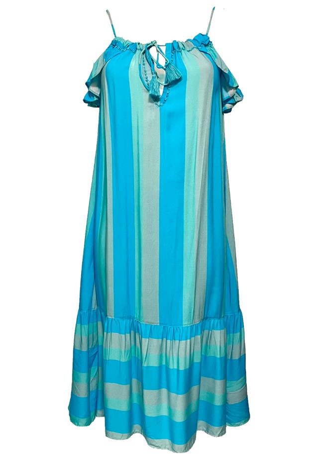 <strong data-mce-fragment="1">Sleeveless blue striped sun dress </strong>named Dominica in lovely soft stripe rayon by Lindsey Brown is such a great designer sun dress to wear on holiday. 