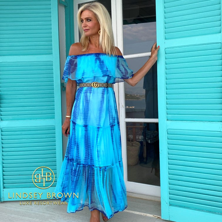 blue silk designer bardot silk maxi dresses to wear on holiday by Lindsey Brown