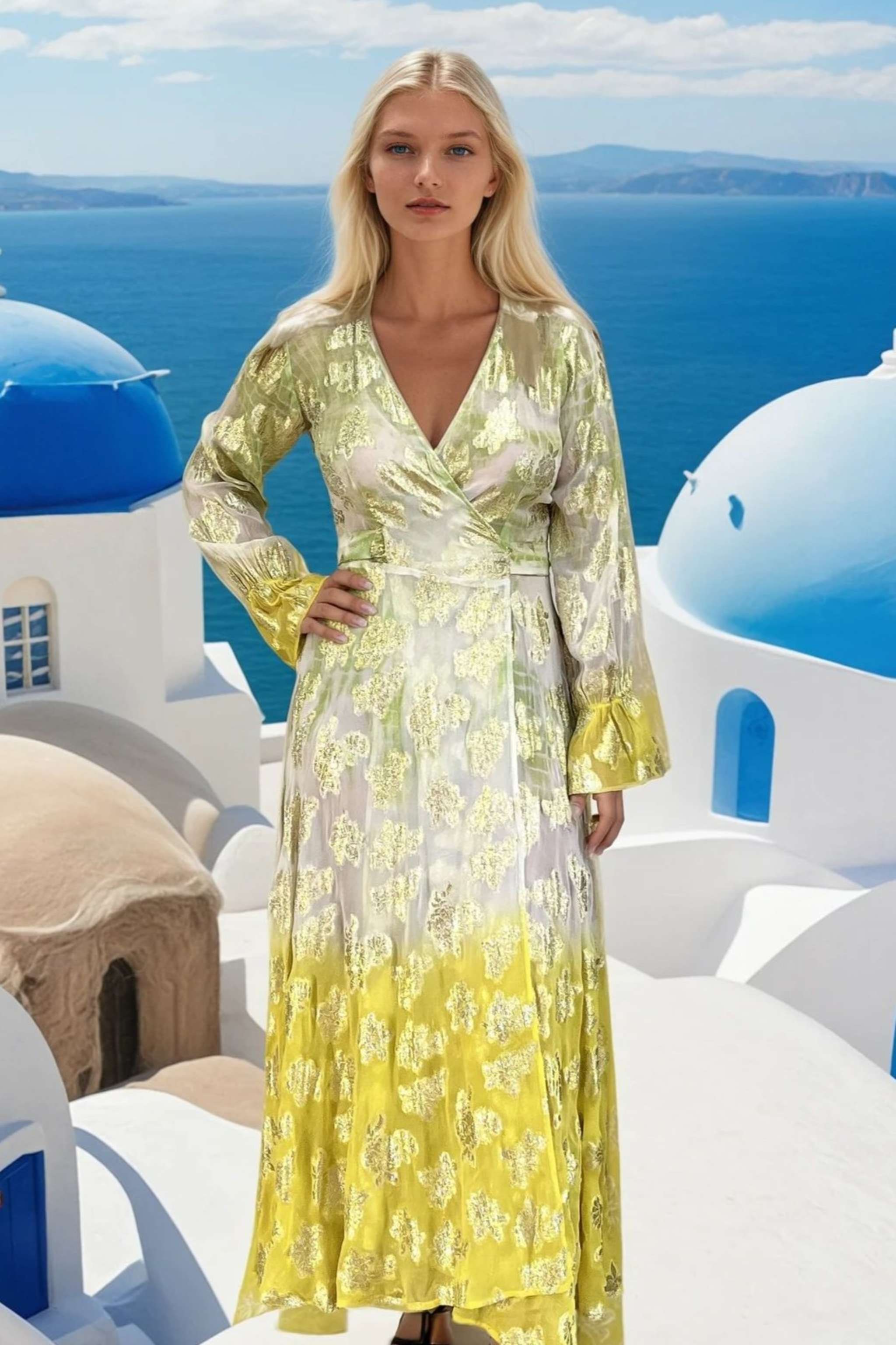 gold and ivory wrap over maxi dress by lindsey brown luxury resort wear 