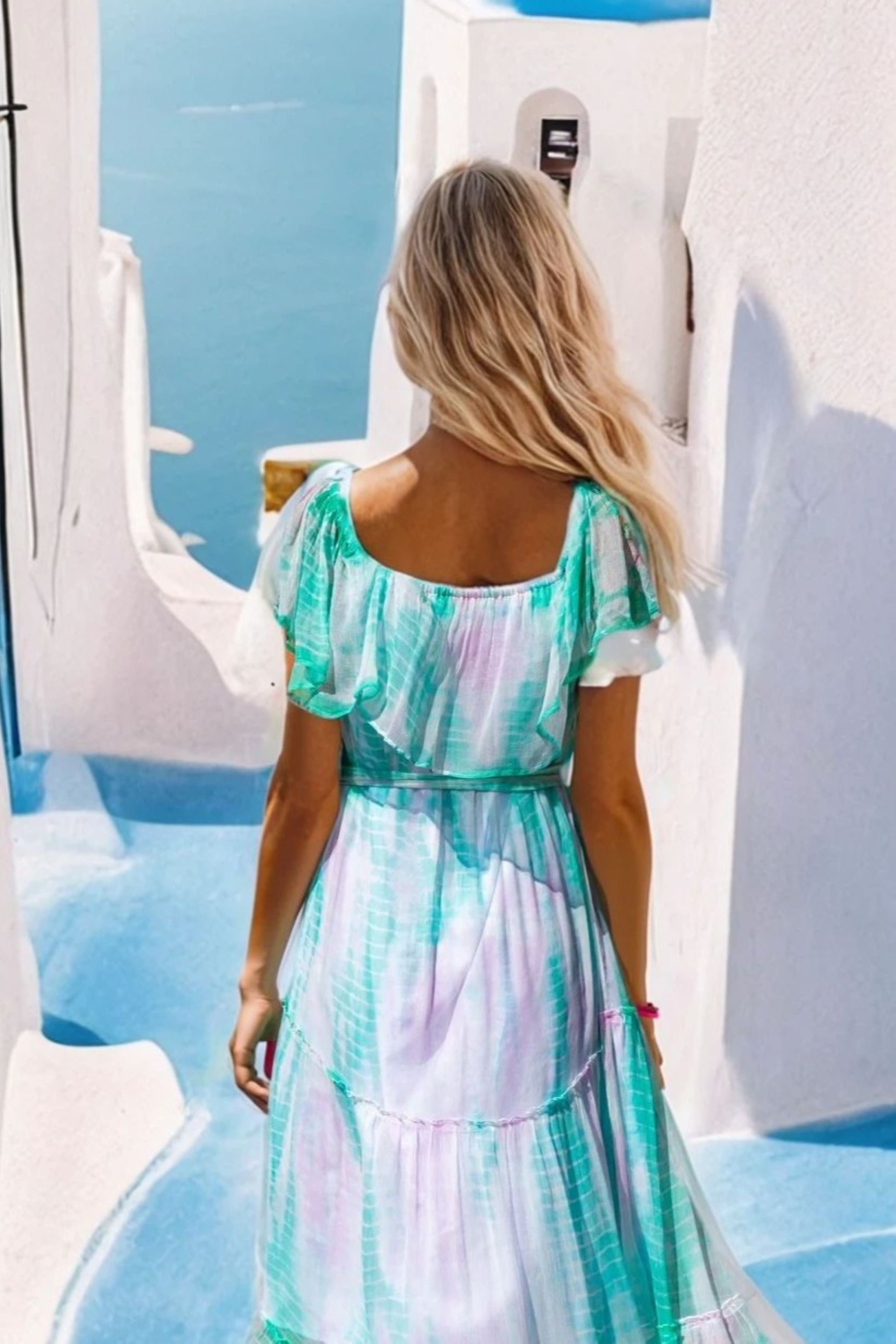 lila and aqua hand tied dye silk resort wear dress to wear on holiday by Lindsey Brown 