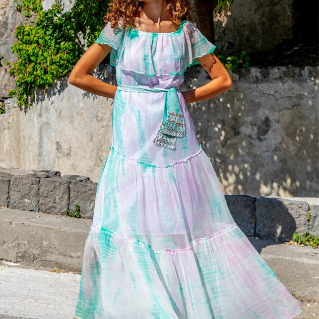 lilac aqua silk maxi dress to wear on holiday