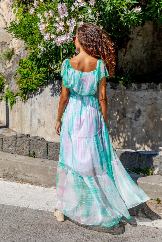 lilac aqua silk maxi dress to wear on holiday 