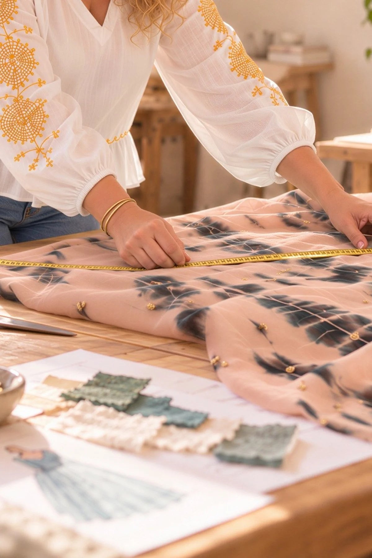 Lindsey Brown, fashion designer, in a studio setting with fabrics