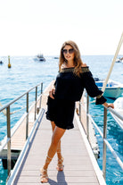 Positano black cotton off-the-shoulder holiday top with gold metallic shoulders, side view, by Lindsey Brown.